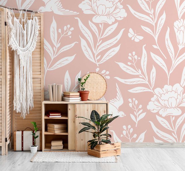 puderrozsaszin viragok finom boho stilusban fototapeta a nappali fototapeta demural