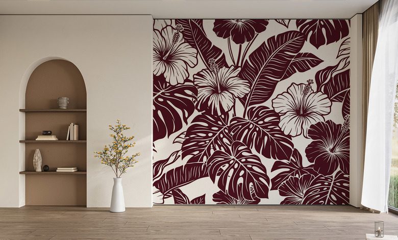 bordo hibiszkuszok tropusi kompozicioban fototapeta viragok fototapeta demural
