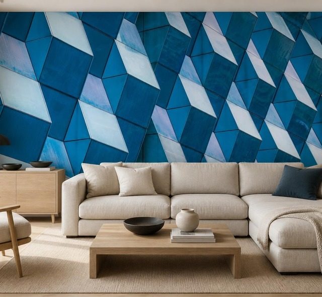 kontrasztos geometria terbeli panelek intenziv kek arnyalataiban fototapeta epiteszet fototapeta demural
