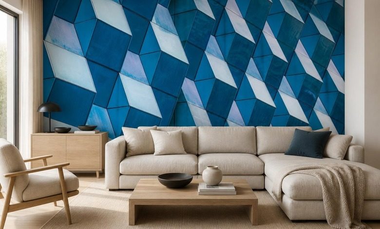 kontrasztos geometria terbeli panelek intenziv kek arnyalataiban fototapeta epiteszet fototapeta demural