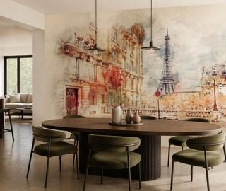 az eiffel torony es egy parizsi utca akvarell tonusban fototapeta eiffel torony fototapeta demural