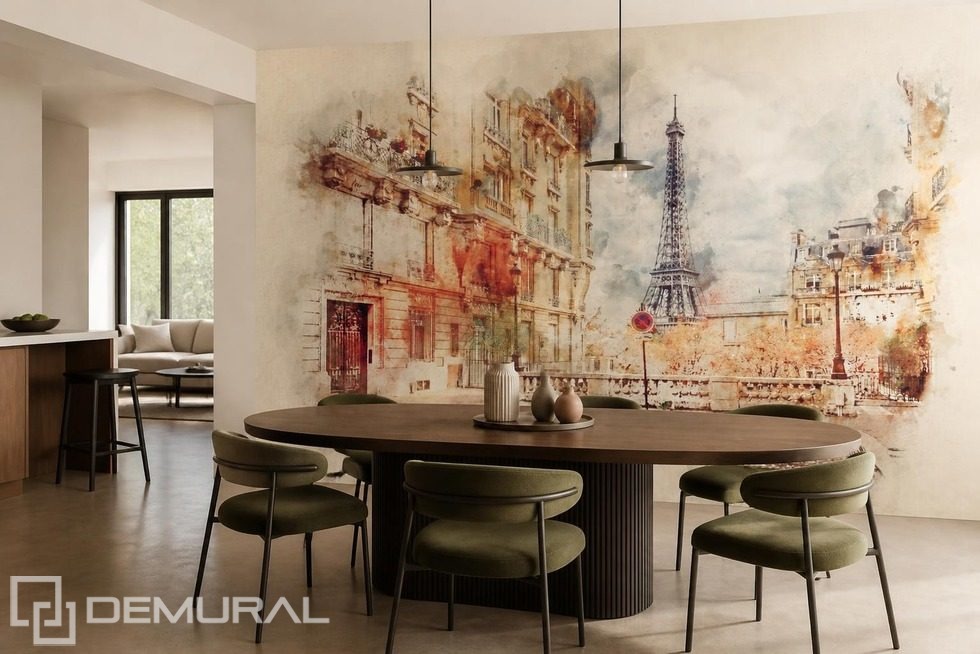 Az Eiffel-torony és egy párizsi utca akvarell tónusban Fotótapéta Eiffel-torony Fotótapéta Demural